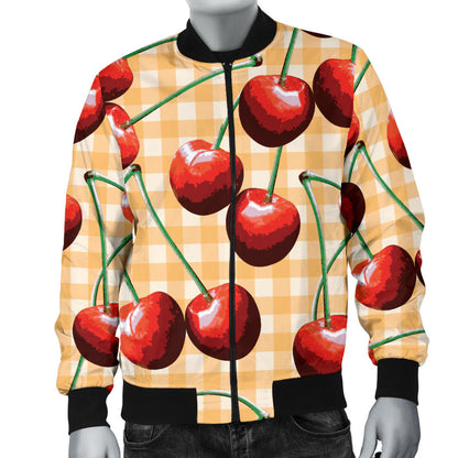 Cherry Orange Plaid Print Men Bomber Jacket