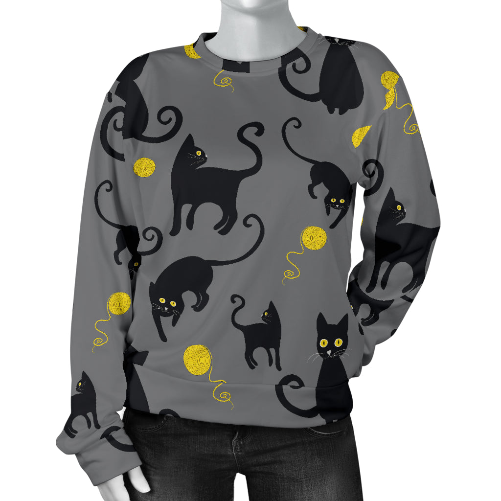 Black Cat Yellow Yarn Print Pattern Women Long Sleeve Sweatshirt