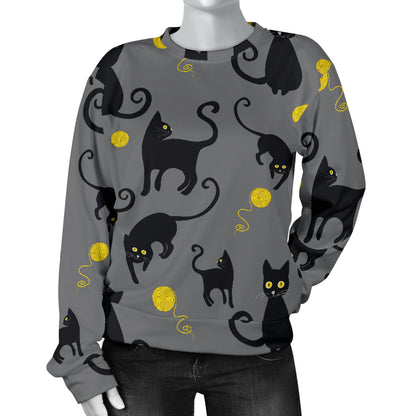 Black Cat Yellow Yarn Print Pattern Women Long Sleeve Sweatshirt