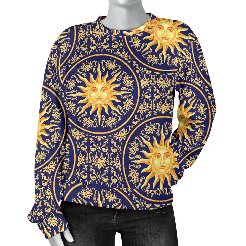 Celestial Gold Sun Face Women Long Sleeve Sweatshirt