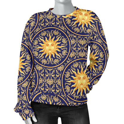 Celestial Gold Sun Face Women Long Sleeve Sweatshirt