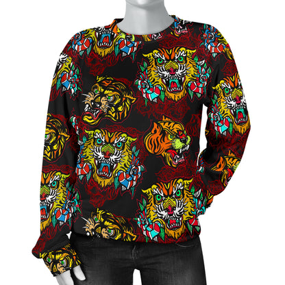 Tattoo Tiger Colorful Design Women Long Sleeve Sweatshirt