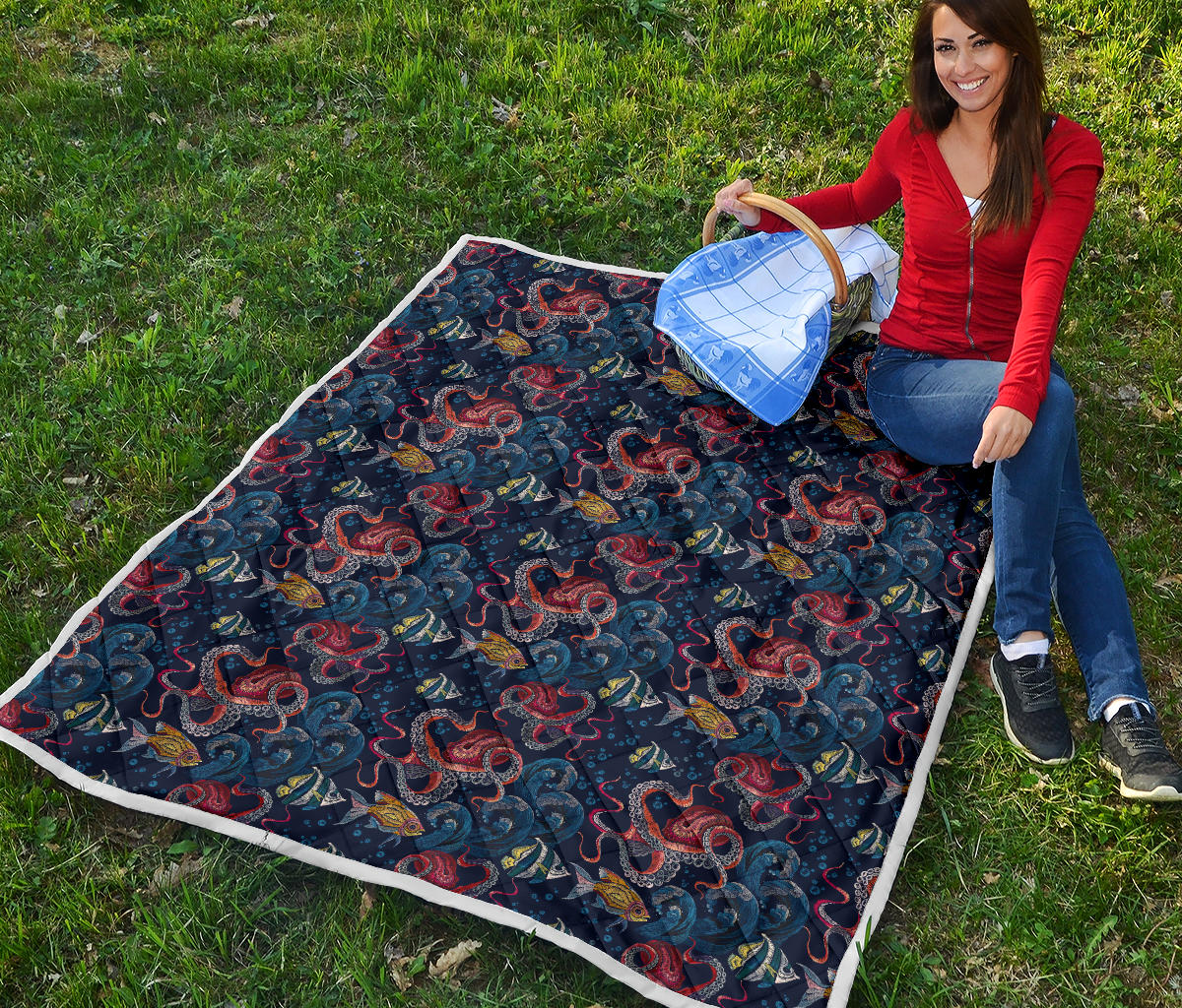 Octopus Deep Sea Print Themed Quilt Bedspread