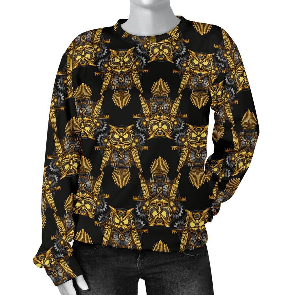 Steampunk Gold Owl Design Themed Print Women Long Sleeve Sweatshirt
