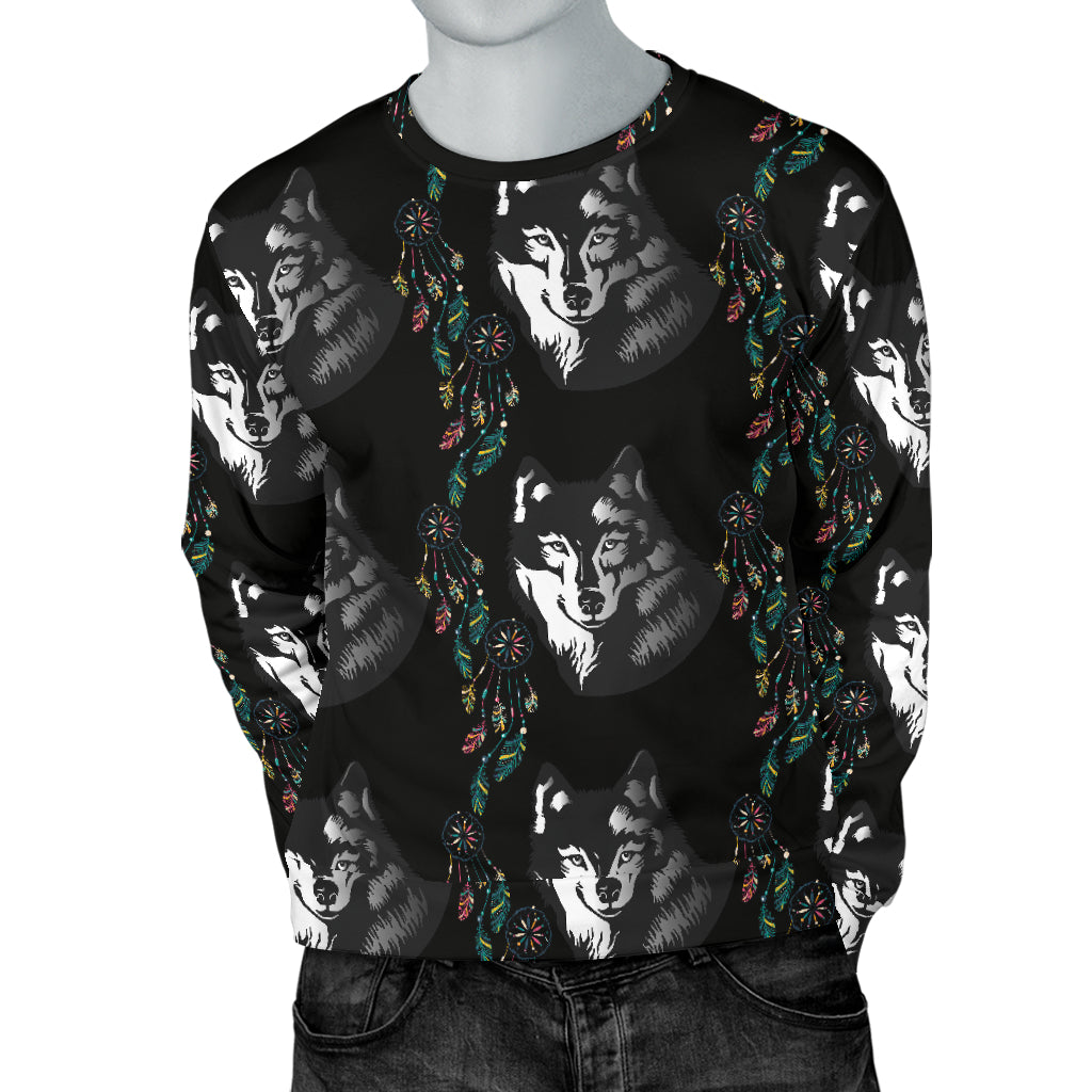 Wolf Black Dream Catcher Design Print Men Long Sleeve Sweatshirt