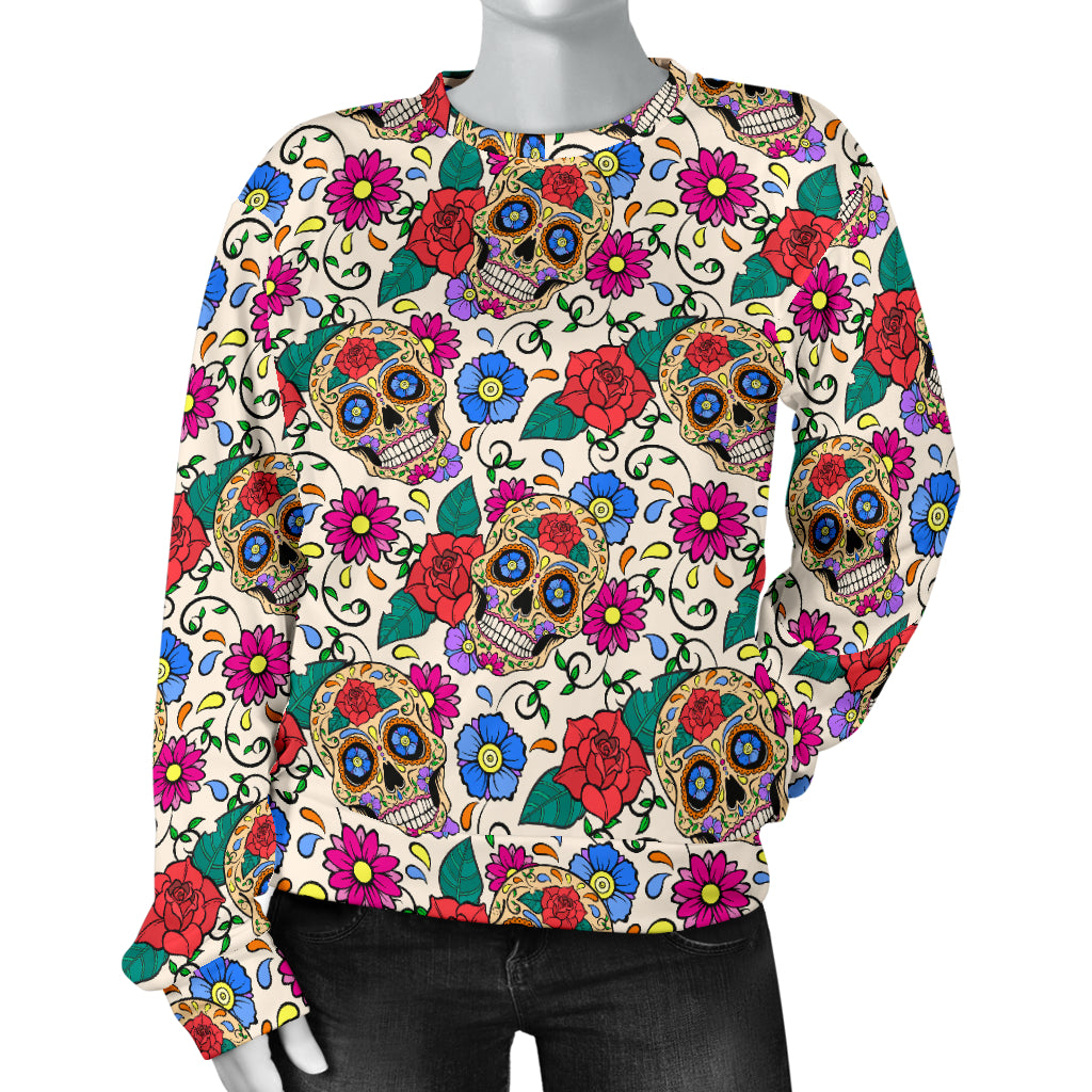 Sugar Skull Colorful Themed Print Women Long Sleeve Sweatshirt