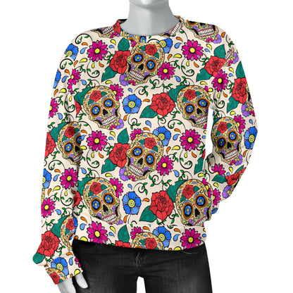 Sugar Skull Colorful Themed Print Women Long Sleeve Sweatshirt