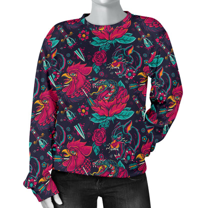 Old School Tattoo Print Women Long Sleeve Sweatshirt