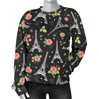 Eiffel Tower Rose Print Women Long Sleeve Sweatshirt