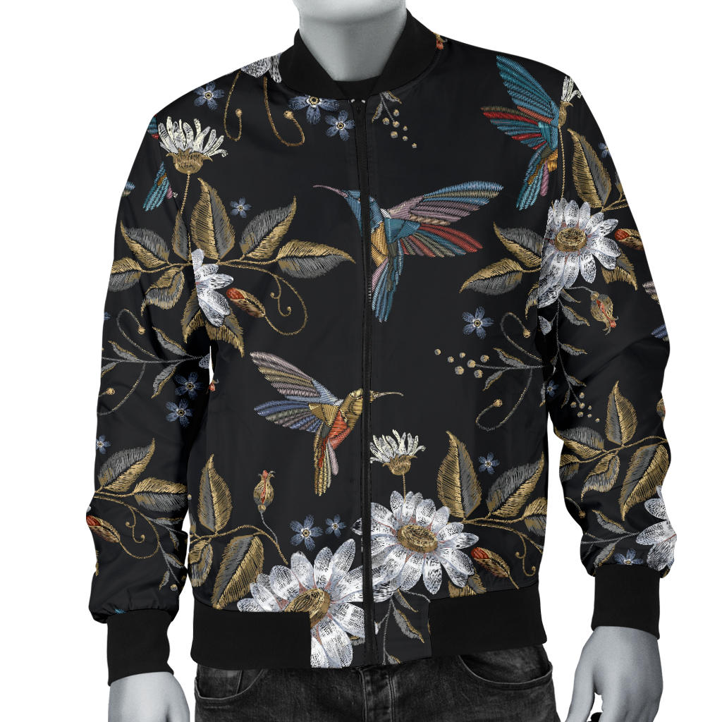 Hummingbird with Embroidery Themed Print Men Bomber Jacket