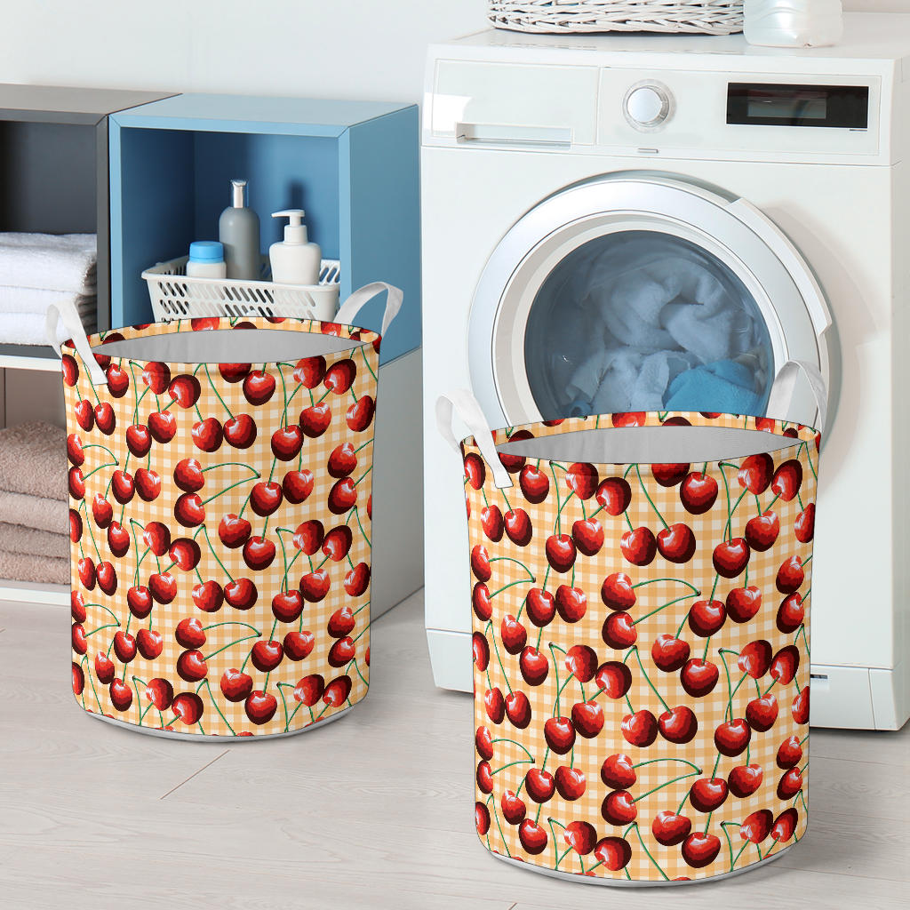 Cherry Orange Plaid Print Laundry Basket