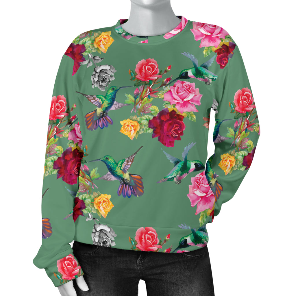 Hummingbird with Rose Themed Print Women Long Sleeve Sweatshirt