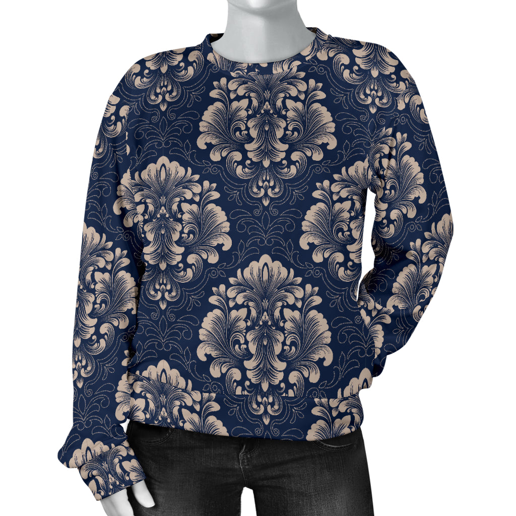 Damask Blue Luxury Print Pattern Women Long Sleeve Sweatshirt