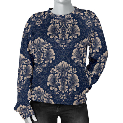 Damask Blue Luxury Print Pattern Women Long Sleeve Sweatshirt