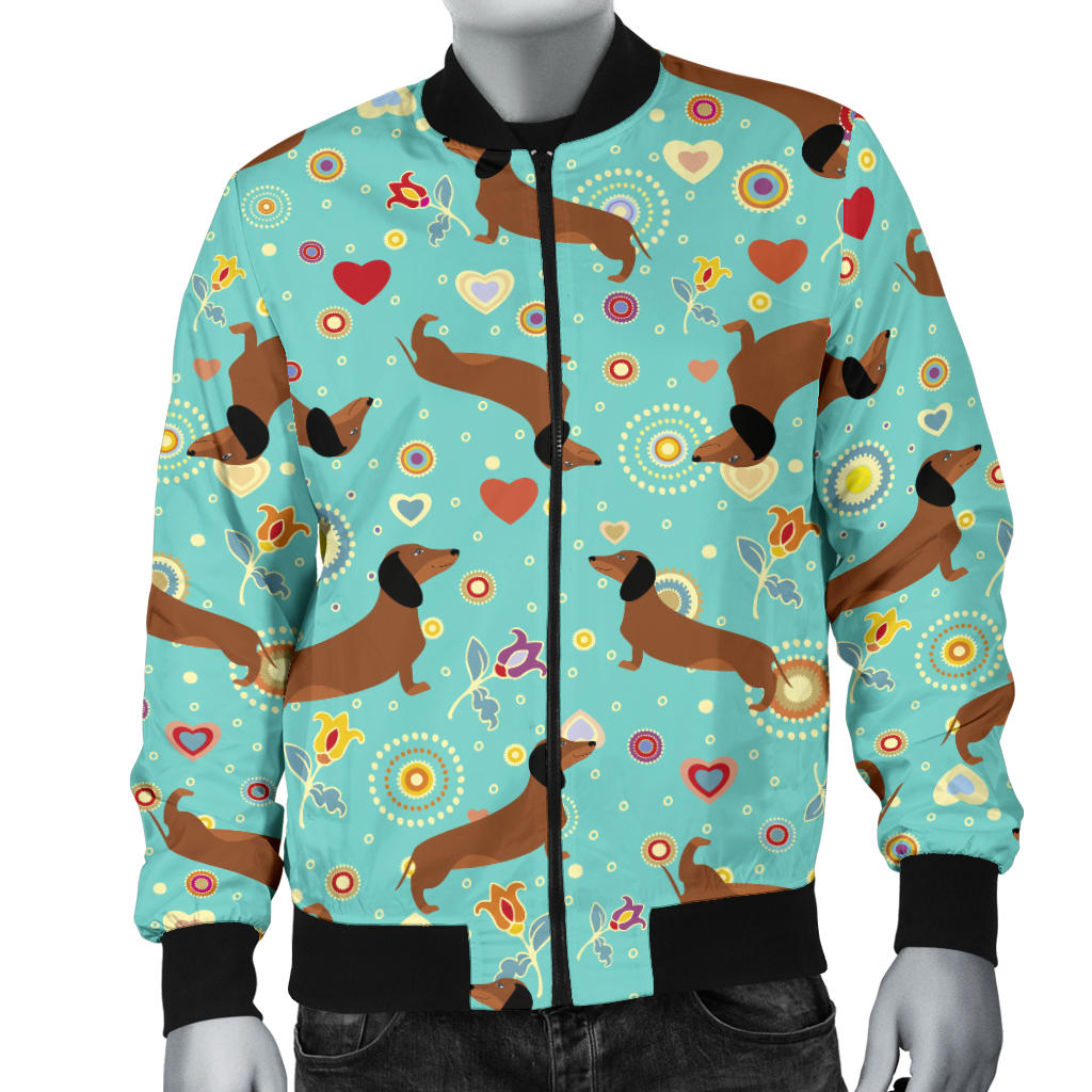 Dachshund with Floral Print Pattern Men Bomber Jacket
