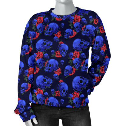 Skull Roses Neon Design Themed Print Women Long Sleeve Sweatshirt