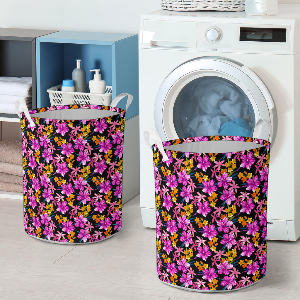 Tropical Folower Pink Hibiscus Print Laundry Basket