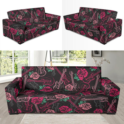 Bass Guitar Pink Rose Pattern Print Design 01 Sofa Slipcover