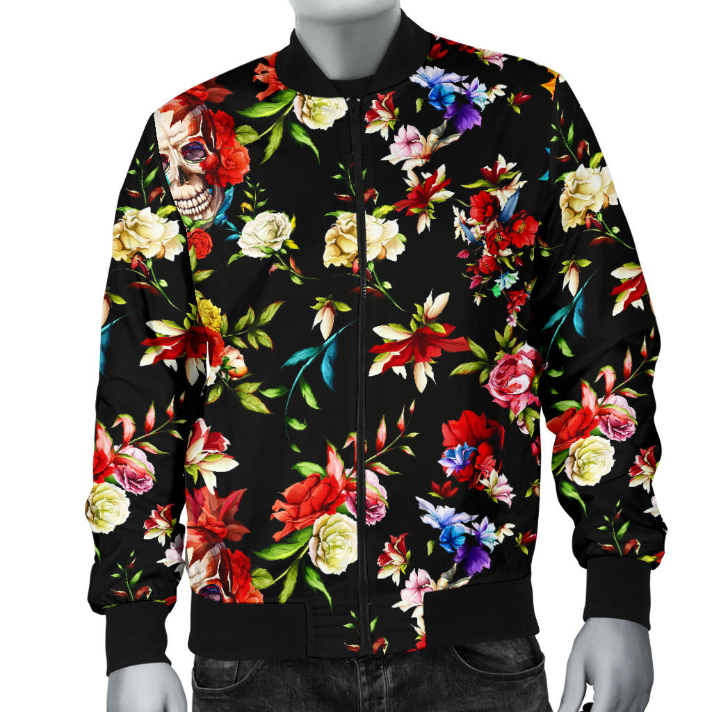 Skull Roses Flower Design Themed Print Men Bomber Jacket