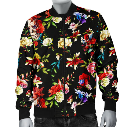 Skull Roses Flower Design Themed Print Men Bomber Jacket