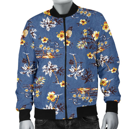 Hawaiian Flower Blue Print Men Bomber Jacket