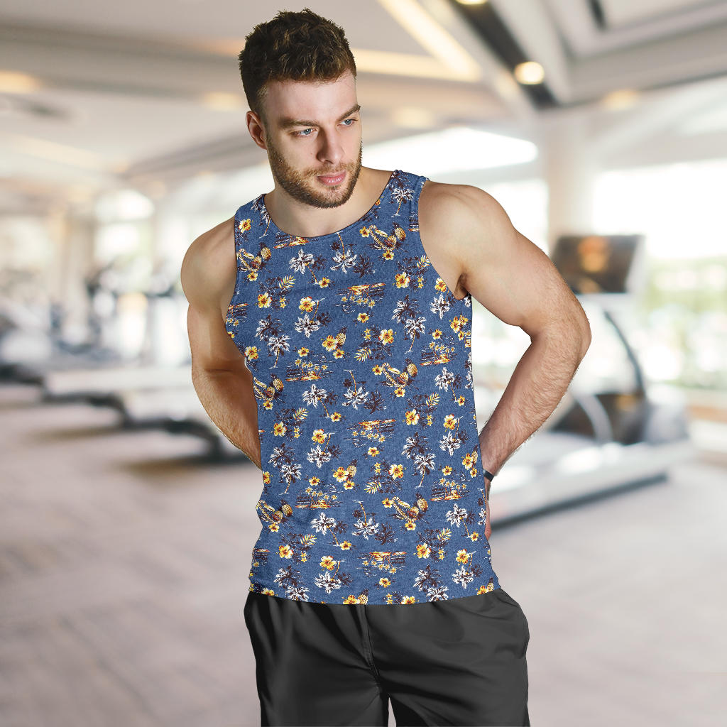 Hawaiian Flower Blue Print Men Tank Top