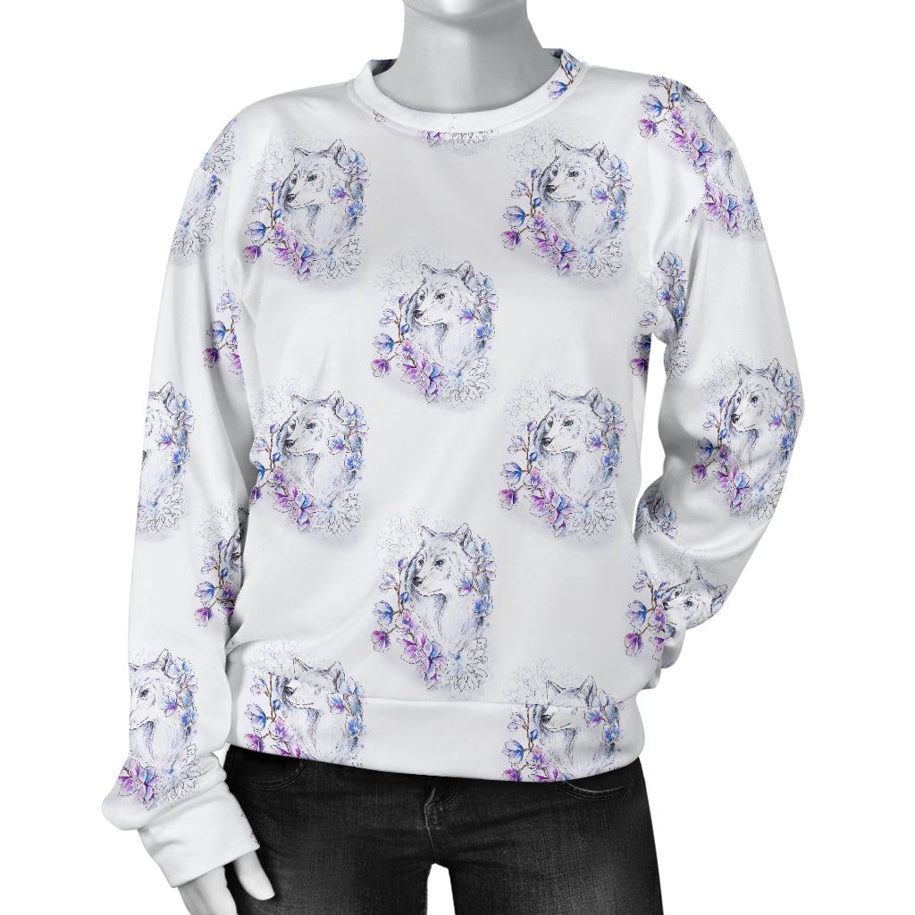 Wolf with Flower Print Design Women Long Sleeve Sweatshirt