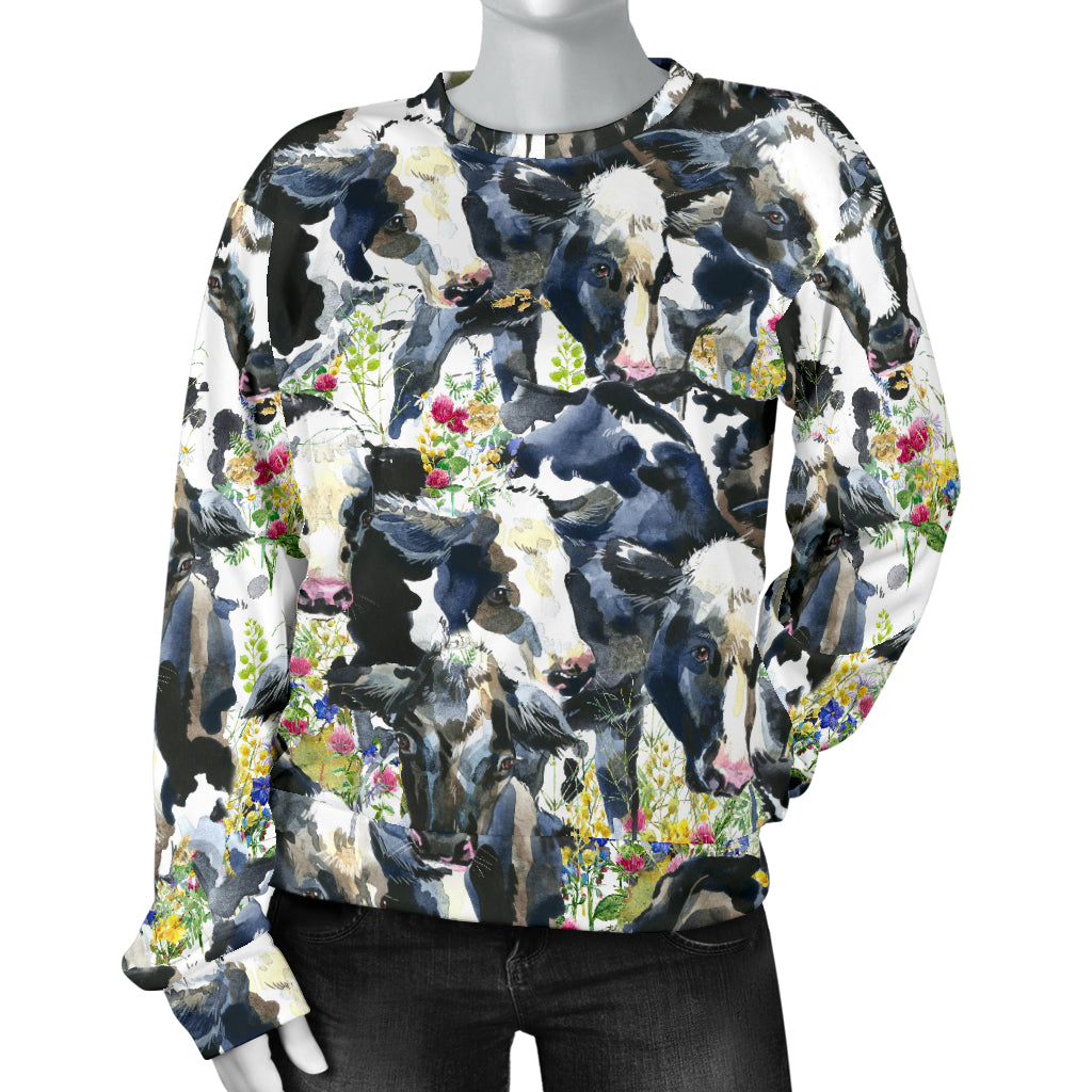 Cow Watercolor Print Pattern Women Long Sleeve Sweatshirt