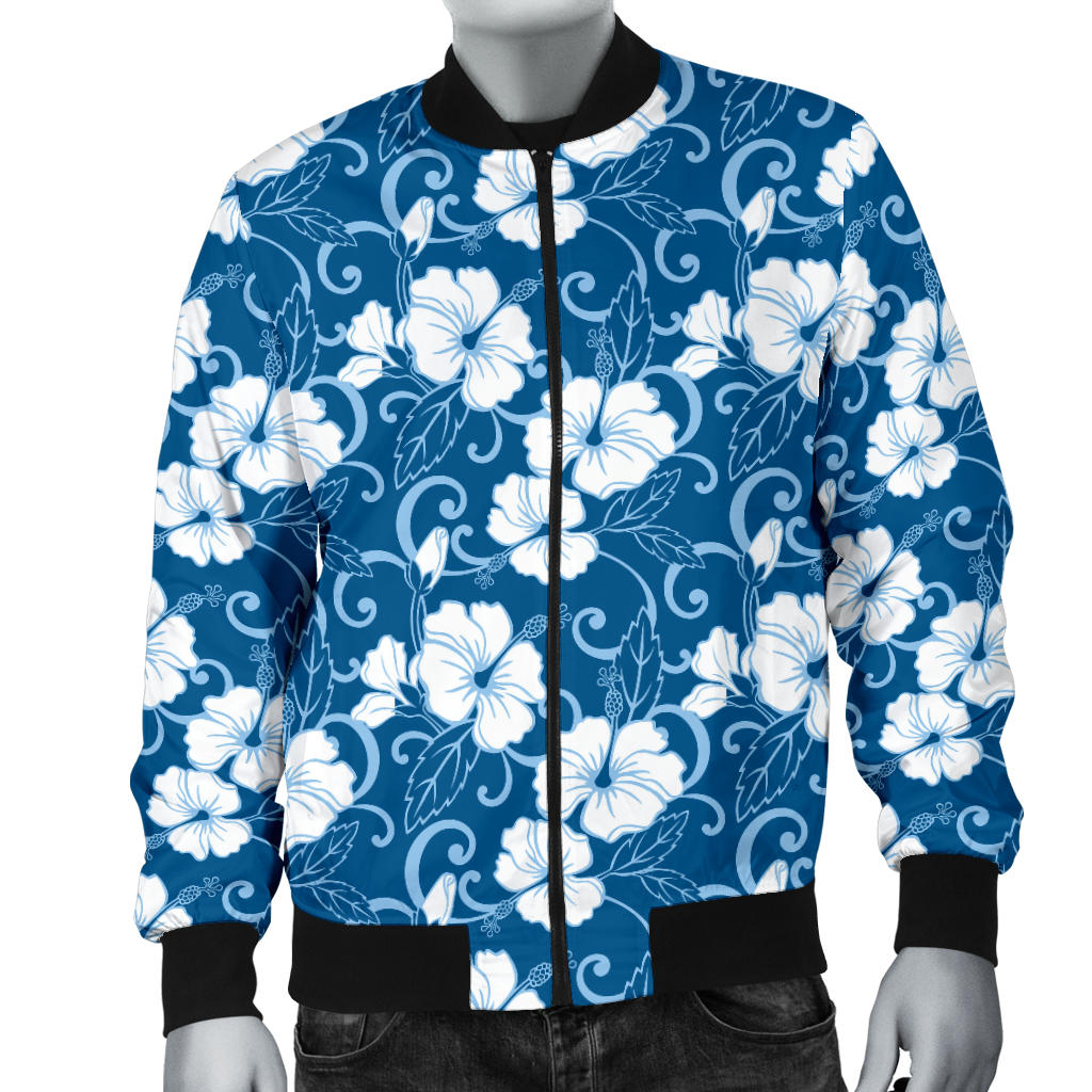 Hibiscus Blue Flower Hawaiian Print Men Bomber Jacket