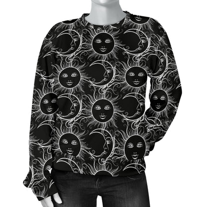 Sun Moon White Design Themed Print Women Long Sleeve Sweatshirt