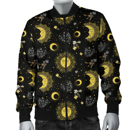 Sun Moon Golden Design Themed Print Men Bomber Jacket
