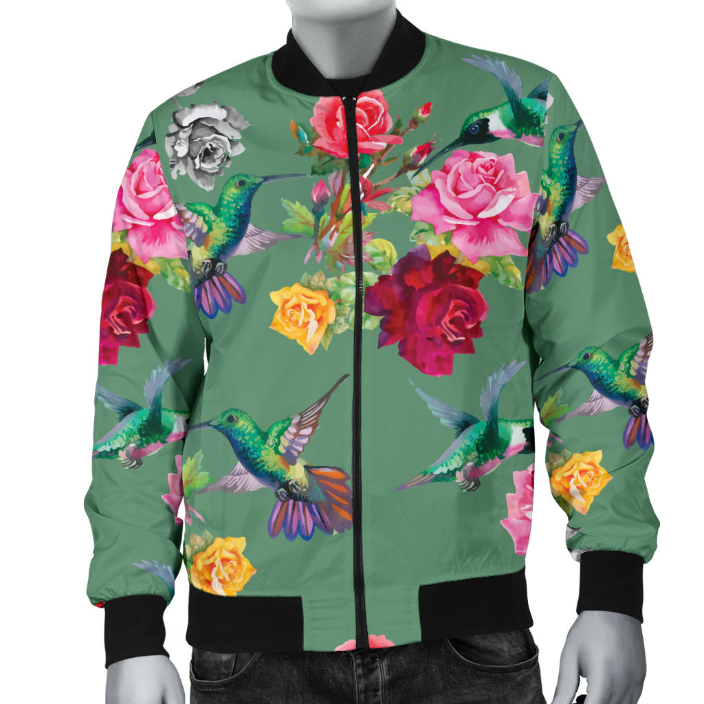 Hummingbird with Rose Themed Print Men Bomber Jacket