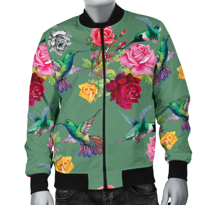 Hummingbird with Rose Themed Print Men Bomber Jacket
