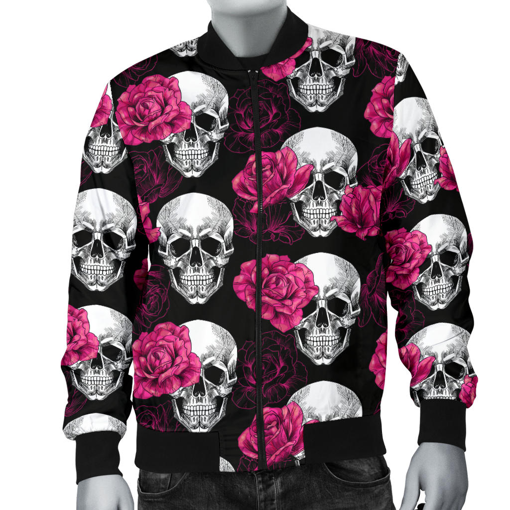Pink Rose Skull Themed Print Men Bomber Jacket
