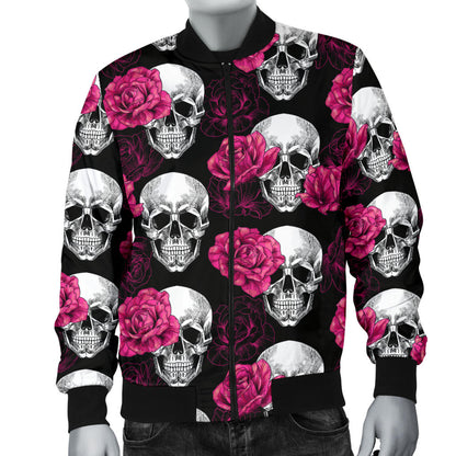 Pink Rose Skull Themed Print Men Bomber Jacket