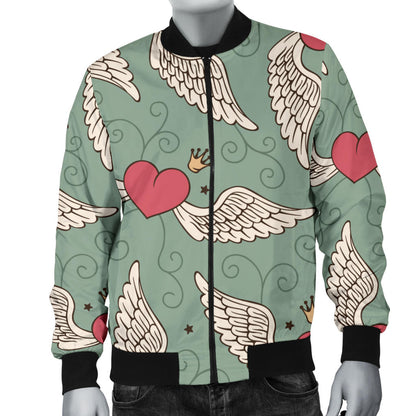 Angel Wings Heart Design Themed Print Men Bomber Jacket