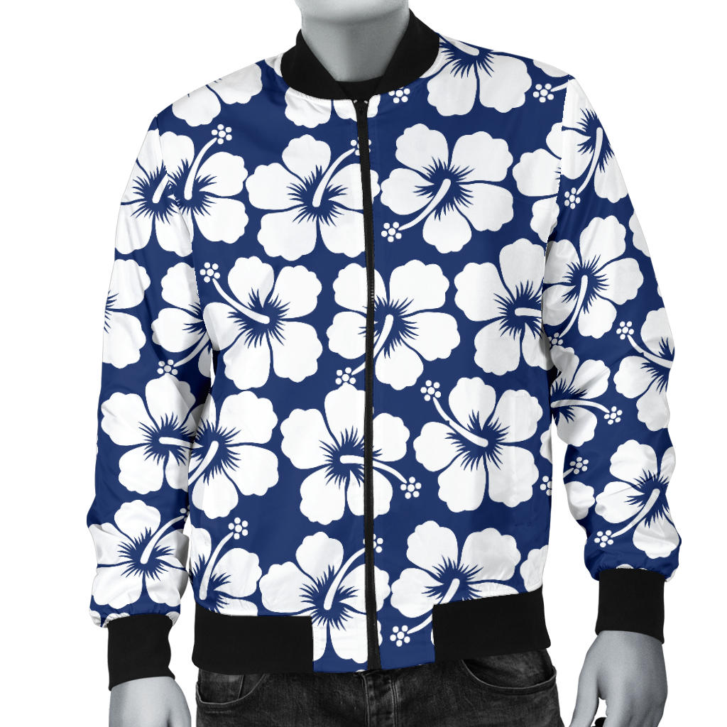 Hibiscus Blue Hawaiian Flower Pattern Men Bomber Jacket