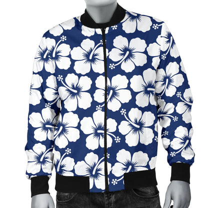 Hibiscus Blue Hawaiian Flower Pattern Men Bomber Jacket