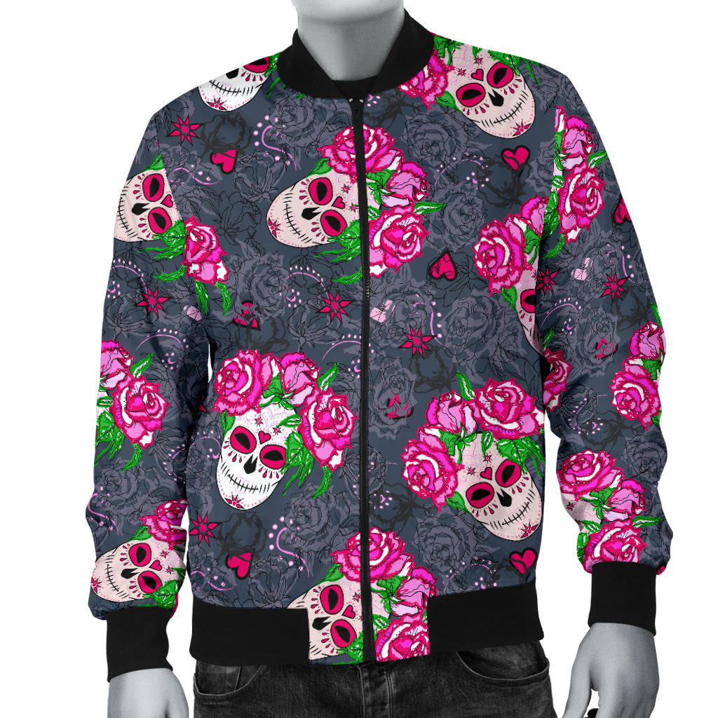 Sugar Skull Pink Rose Themed Print Men Bomber Jacket