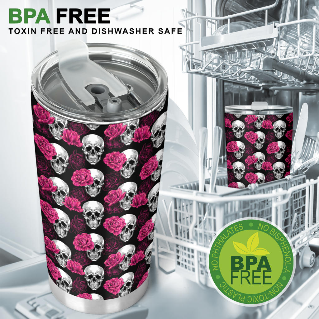 Pink Rose Skull Themed Print Tumbler