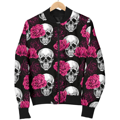 Pink Rose Skull Themed Print Men Bomber Jacket
