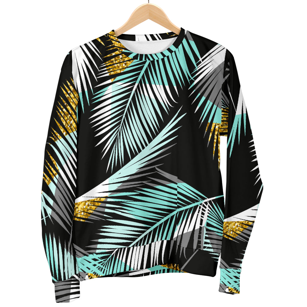 Gold Glitter Cyan Tropical Palm Leaves Men Long Sleeve Sweatshirt