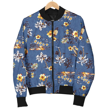 Hawaiian Flower Blue Print Men Bomber Jacket