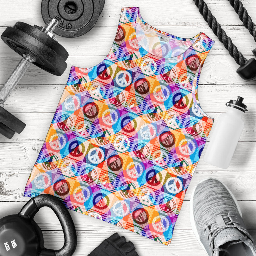 Peace Sign Patchwork Design Print Men Tank Top