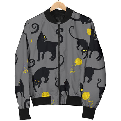 Black Cat Yellow Yarn Print Pattern Men Bomber Jacket