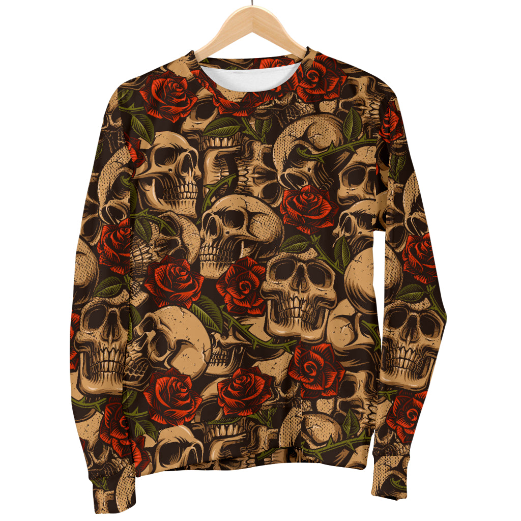 Skull Roses Vintage Design Themed Print Men Long Sleeve Sweatshirt