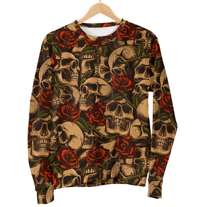 Skull Roses Vintage Design Themed Print Men Long Sleeve Sweatshirt