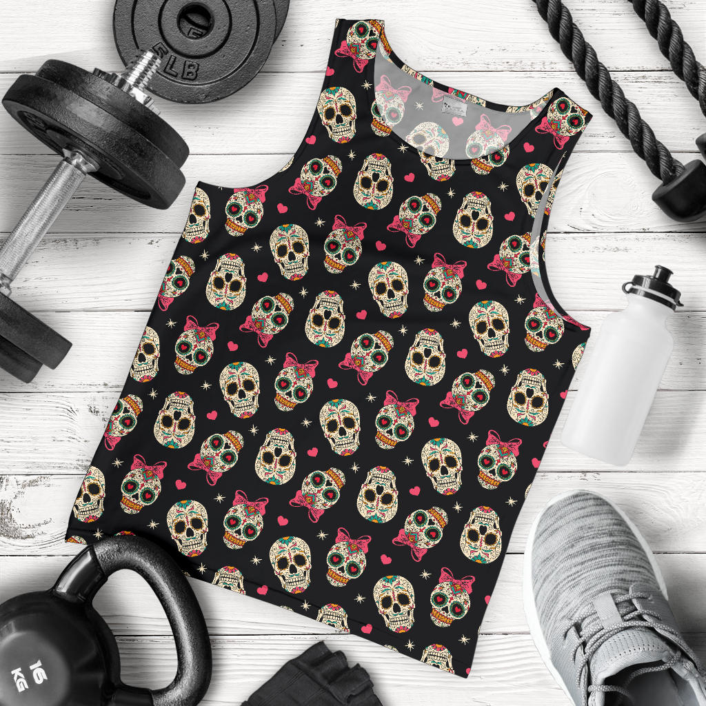 Sugar Skull Pink Bow Themed Print Men Tank Top