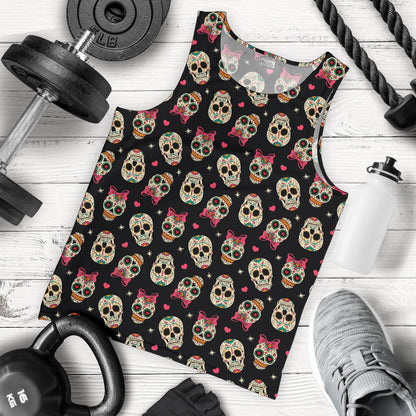Sugar Skull Pink Bow Themed Print Men Tank Top