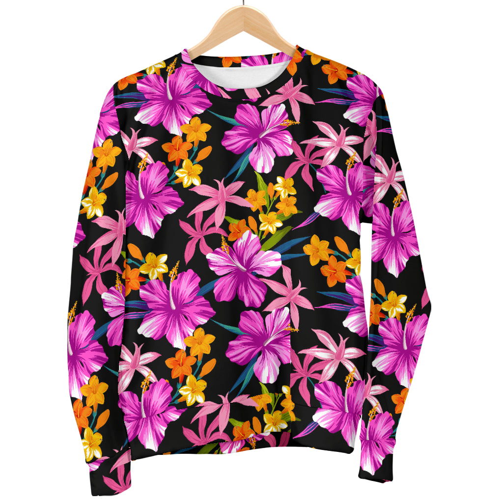 Tropical Folower Pink Hibiscus Print Women Long Sleeve Sweatshirt